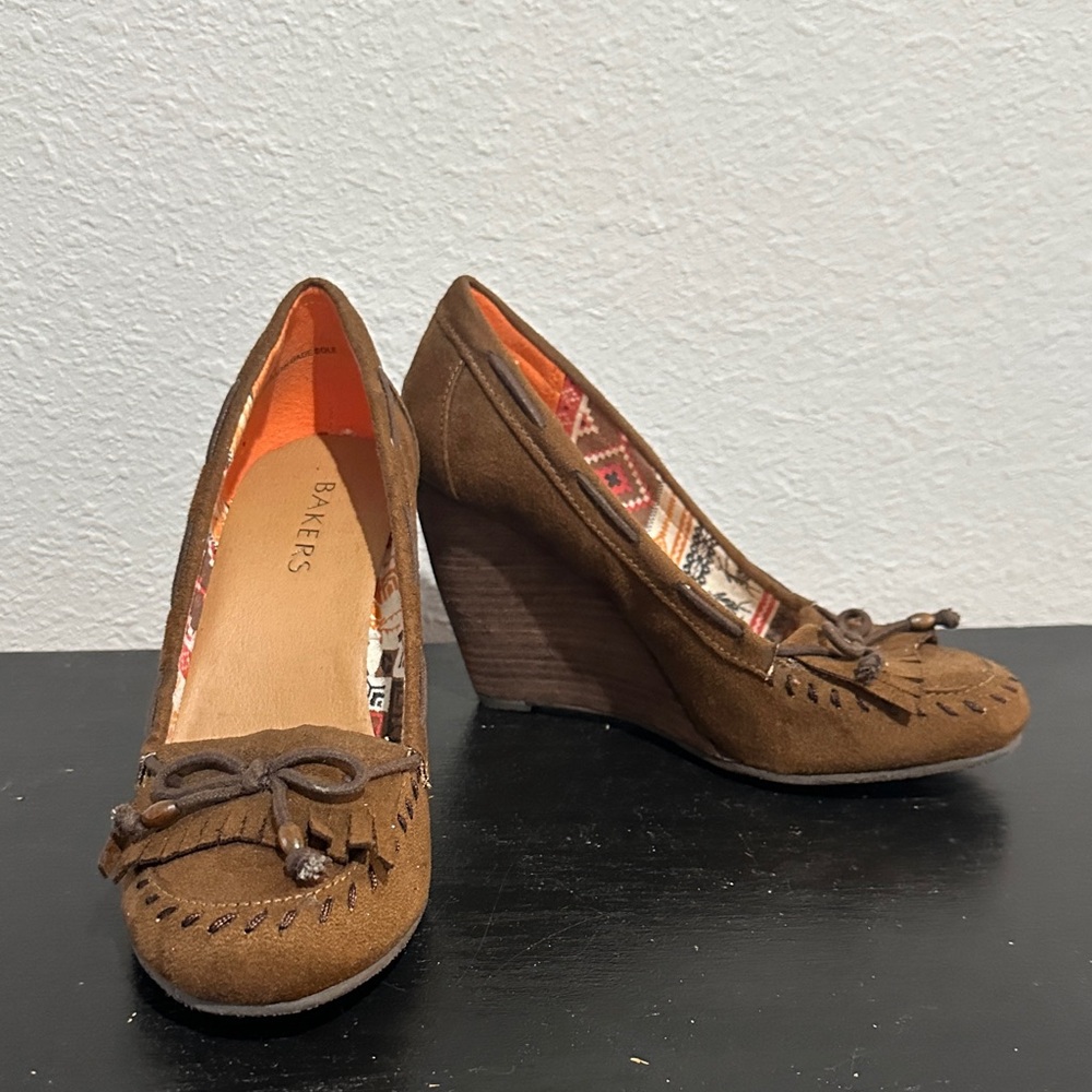 Bakers Brown Suede Wedge Moccasin Heels